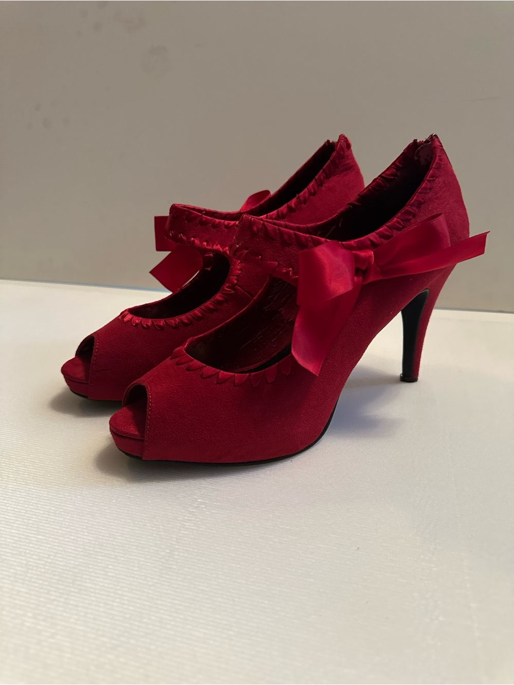 Red Satin Peep-Toe Bow High Heels